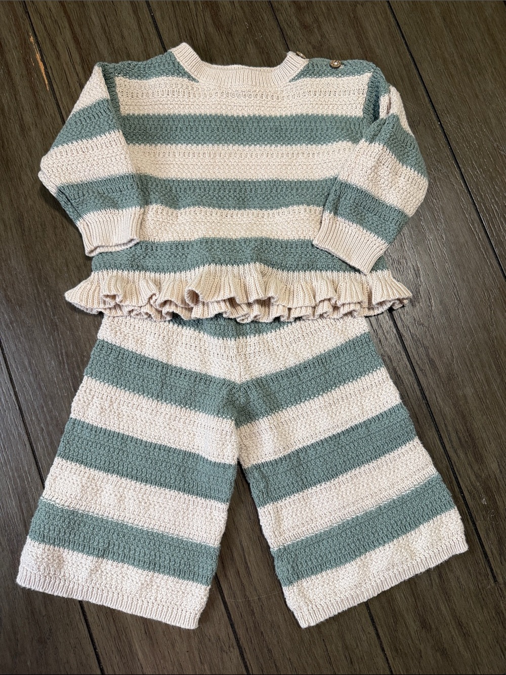 Striped Knit Two-Piece Set in Sage Green and Cream